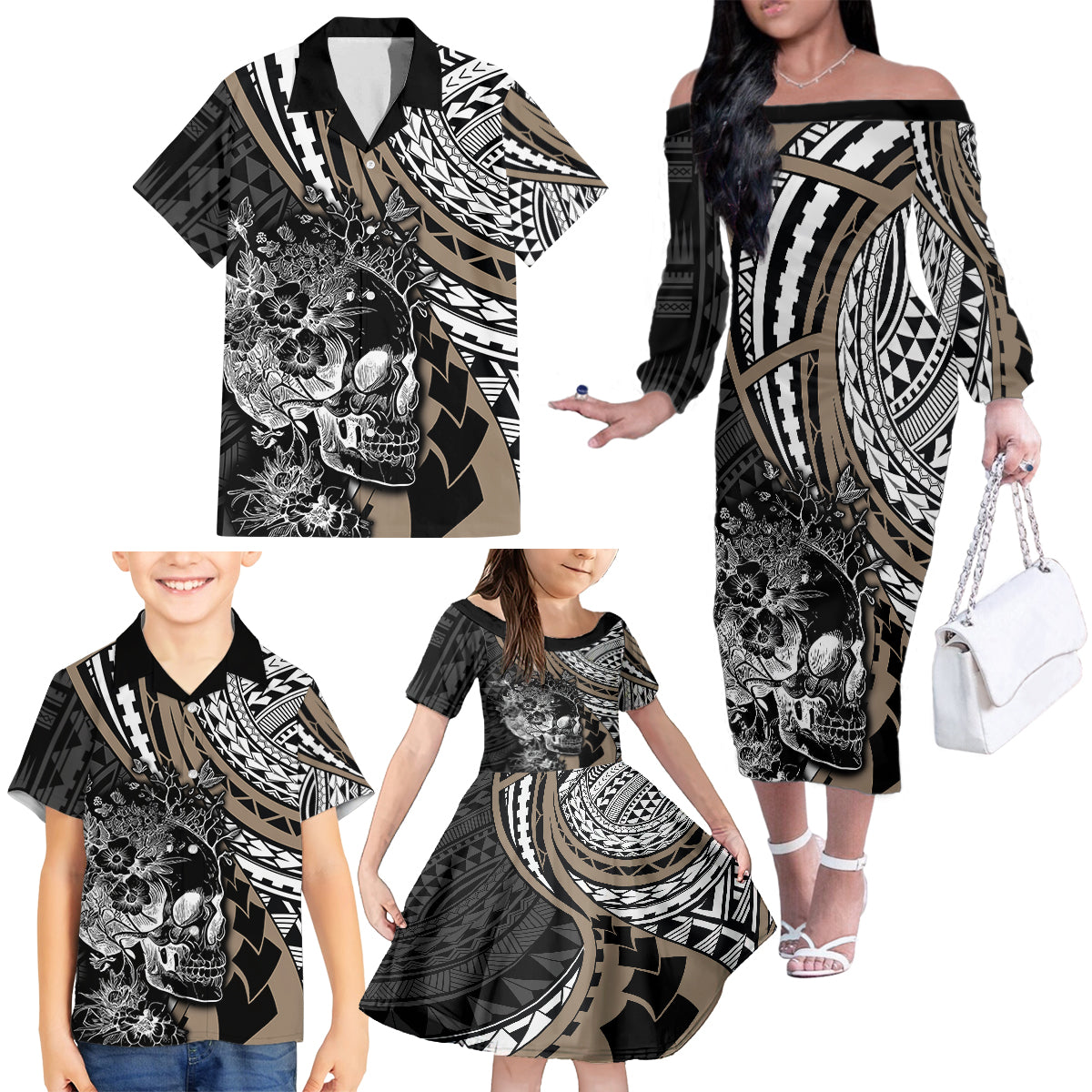 Personalised Polynesia Skull Family Matching Off Shoulder Long Sleeve Dress and Hawaiian Shirt Tattoo In The Style Of Maori With Marine Life Gold LT9 - Polynesian Pride
