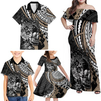 Personalised Polynesia Skull Family Matching Off Shoulder Maxi Dress and Hawaiian Shirt Tattoo In The Style Of Maori With Marine Life Gold LT9 - Polynesian Pride