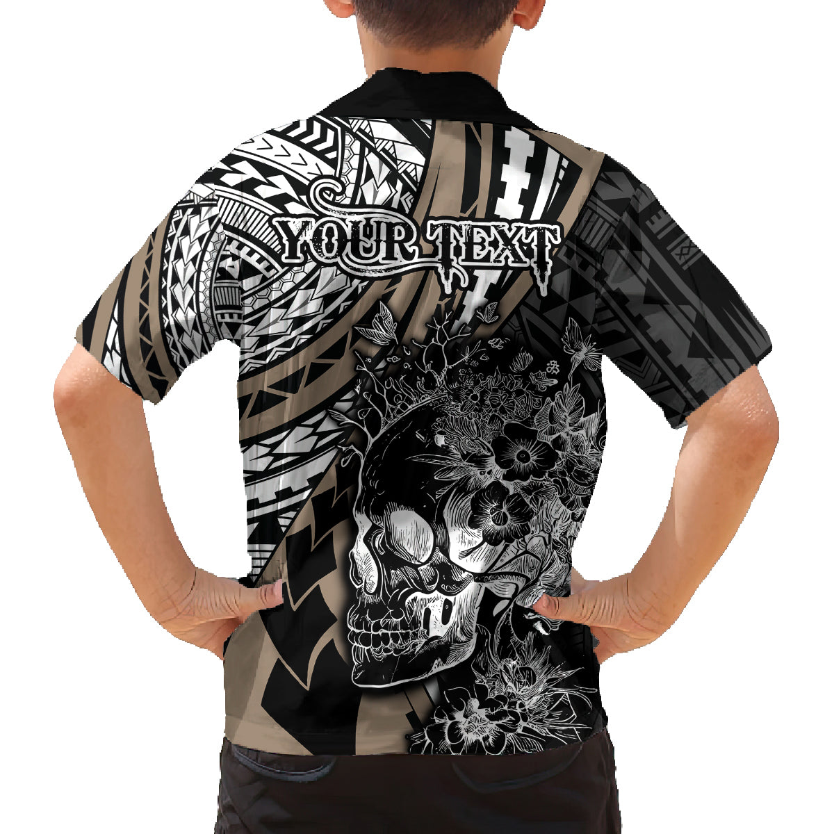 Personalised Polynesia Skull Family Matching Off Shoulder Short Dress and Hawaiian Shirt Tattoo In The Style Of Maori With Marine Life Gold LT9 - Polynesian Pride