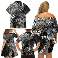 Personalised Polynesia Skull Family Matching Off Shoulder Short Dress and Hawaiian Shirt Tattoo In The Style Of Maori With Marine Life Gold LT9 - Polynesian Pride