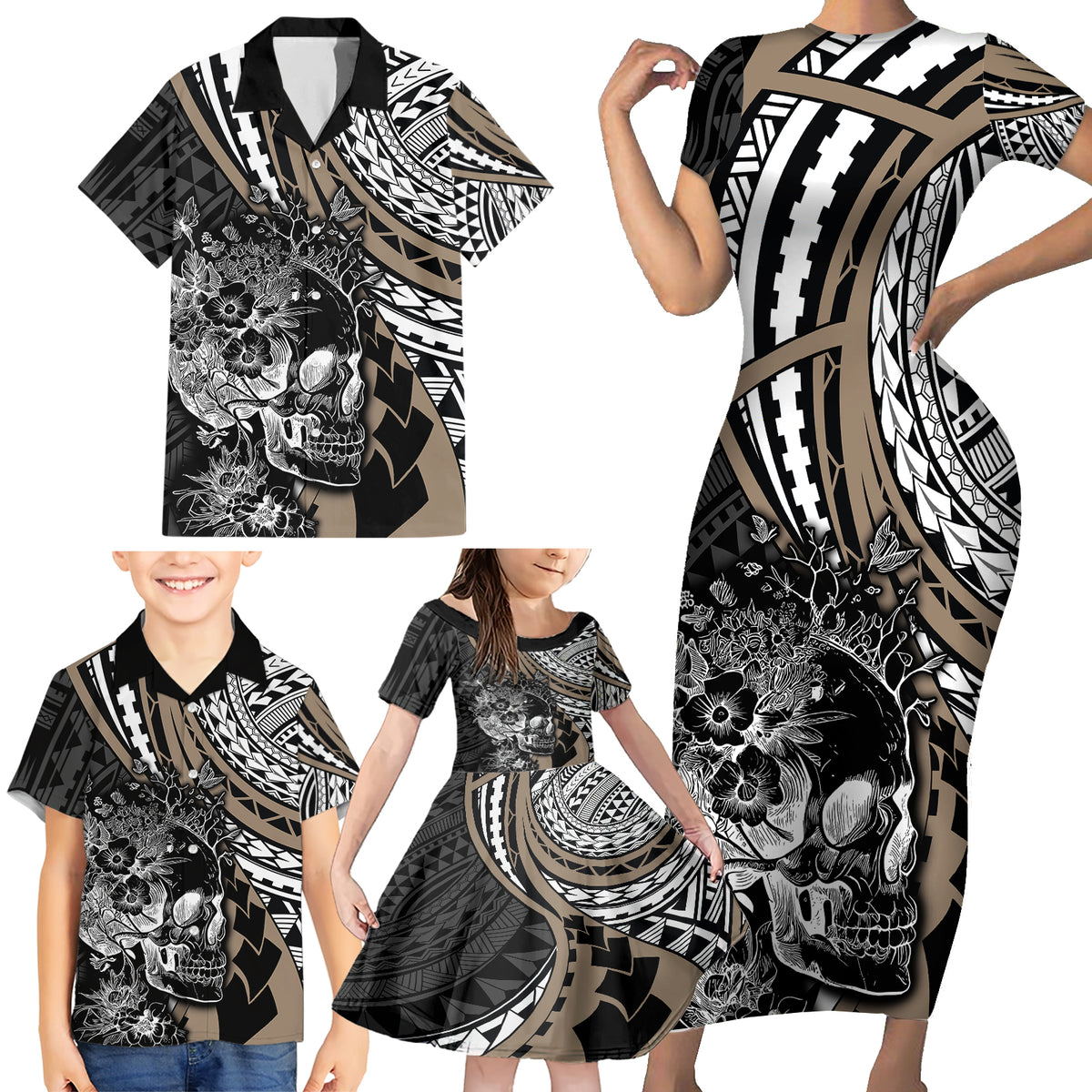 Personalised Polynesia Skull Family Matching Short Sleeve Bodycon Dress and Hawaiian Shirt Tattoo In The Style Of Maori With Marine Life Gold LT9 - Polynesian Pride