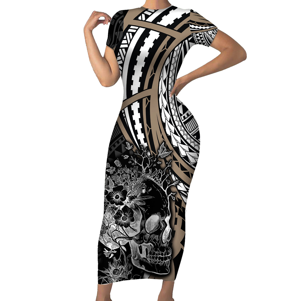 Personalised Polynesia Skull Family Matching Short Sleeve Bodycon Dress and Hawaiian Shirt Tattoo In The Style Of Maori With Marine Life Gold LT9 Mom's Dress Gold - Polynesian Pride