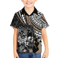 Personalised Polynesia Skull Family Matching Short Sleeve Bodycon Dress and Hawaiian Shirt Tattoo In The Style Of Maori With Marine Life Gold LT9 Son's Shirt Gold - Polynesian Pride