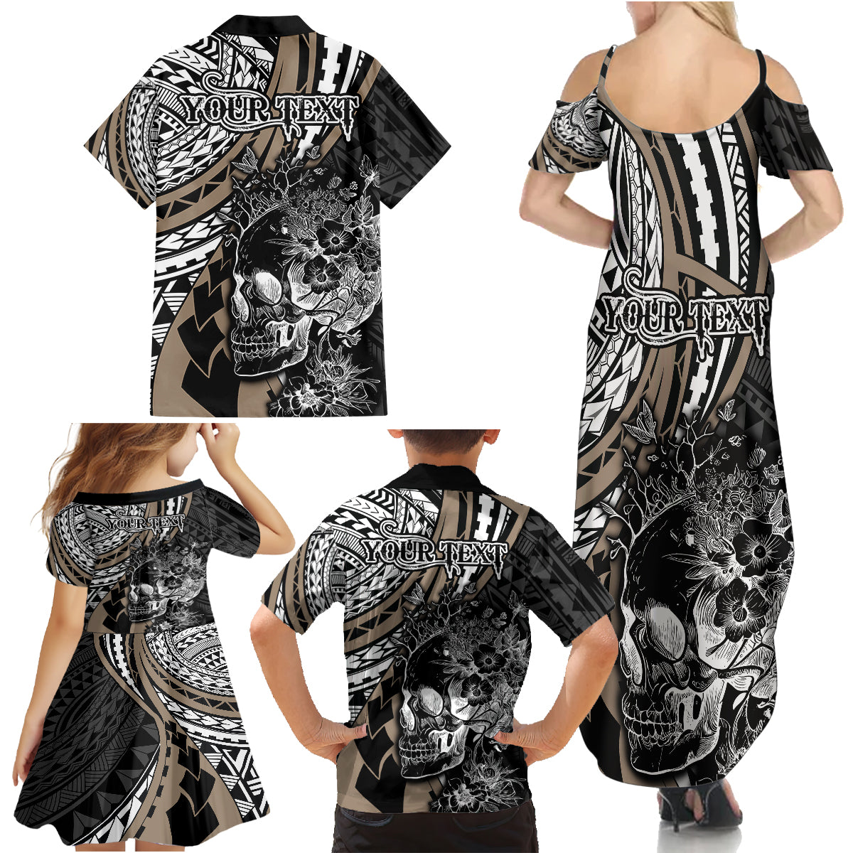 Personalised Polynesia Skull Family Matching Summer Maxi Dress and Hawaiian Shirt Tattoo In The Style Of Maori With Marine Life Gold LT9 - Polynesian Pride