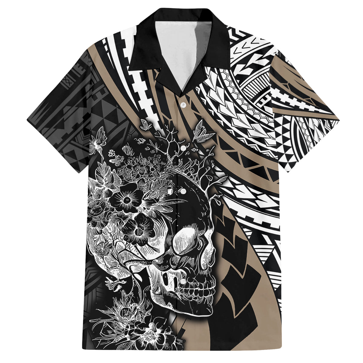 Personalised Polynesia Skull Family Matching Summer Maxi Dress and Hawaiian Shirt Tattoo In The Style Of Maori With Marine Life Gold LT9 Dad's Shirt - Short Sleeve Gold - Polynesian Pride