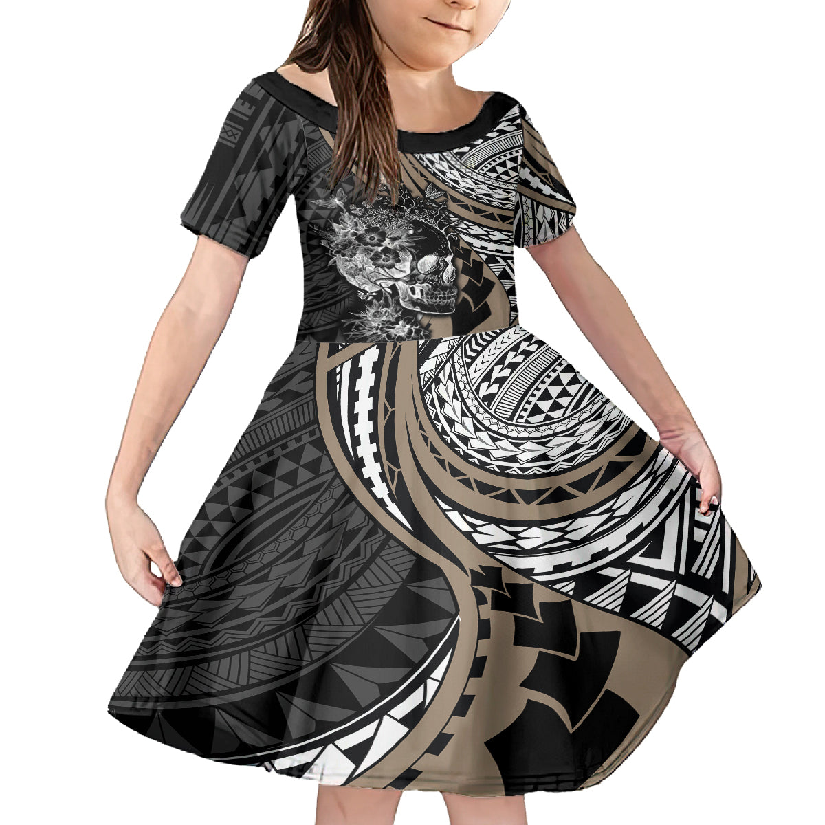 Personalised Polynesia Skull Family Matching Tank Maxi Dress and Hawaiian Shirt Tattoo In The Style Of Maori With Marine Life Gold LT9 Daughter's Dress Gold - Polynesian Pride