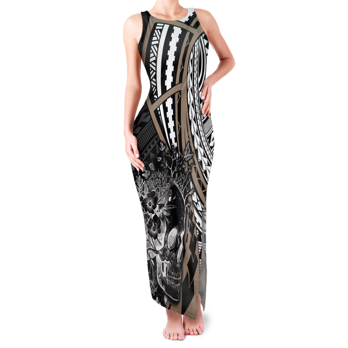 Personalised Polynesia Skull Family Matching Tank Maxi Dress and Hawaiian Shirt Tattoo In The Style Of Maori With Marine Life Gold LT9 Mom's Dress Gold - Polynesian Pride