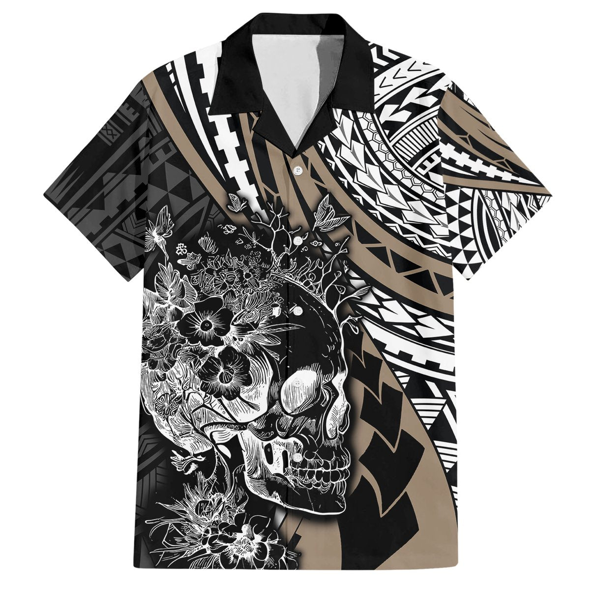 Personalised Polynesia Skull Hawaiian Shirt Tattoo In The Style Of Maori With Marine Life Gold LT9 Gold - Polynesian Pride