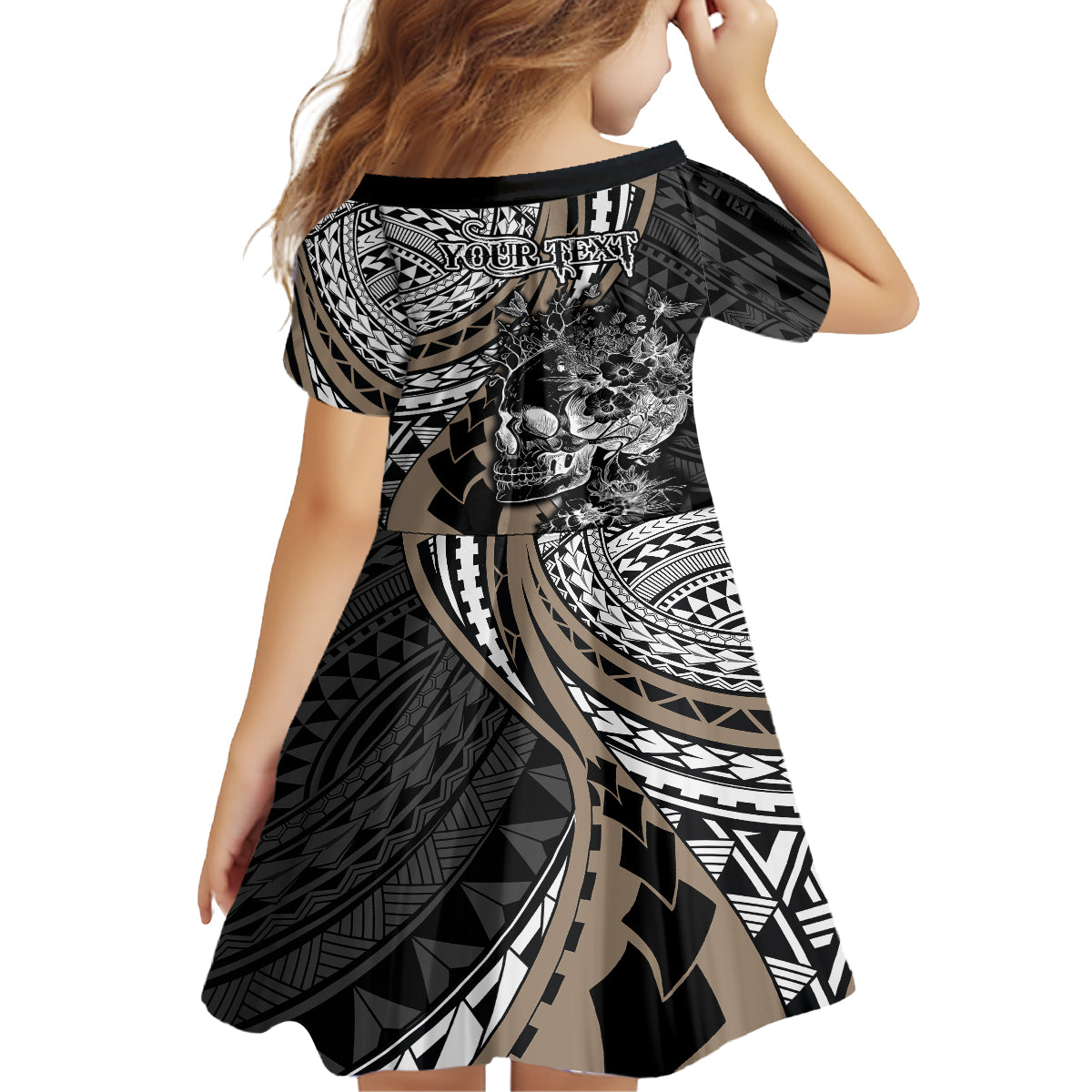 Personalised Polynesia Skull Kid Short Sleeve Dress Tattoo In The Style Of Maori With Marine Life Gold LT9 - Polynesian Pride