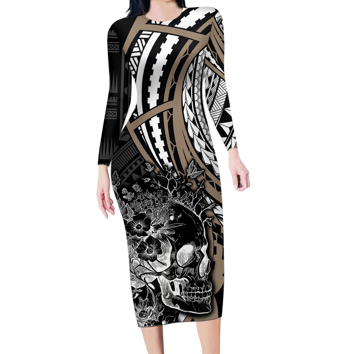 Personalised Polynesia Skull Long Sleeve Bodycon Dress Tattoo In The Style Of Maori With Marine Life Gold LT9 Long Dress Gold - Polynesian Pride
