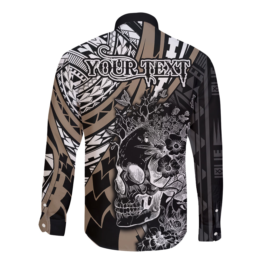 Personalised Polynesia Skull Long Sleeve Button Shirt Tattoo In The Style Of Maori With Marine Life Gold LT9 - Polynesian Pride
