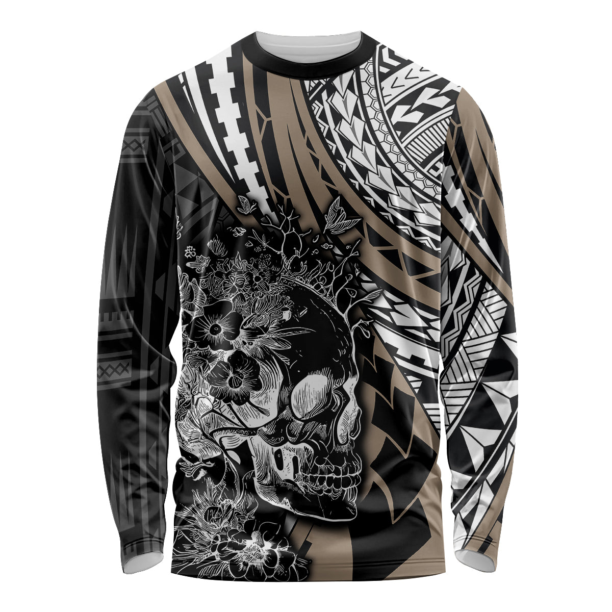 Personalised Polynesia Skull Long Sleeve Shirt Tattoo In The Style Of Maori With Marine Life Gold LT9 Unisex Gold - Polynesian Pride