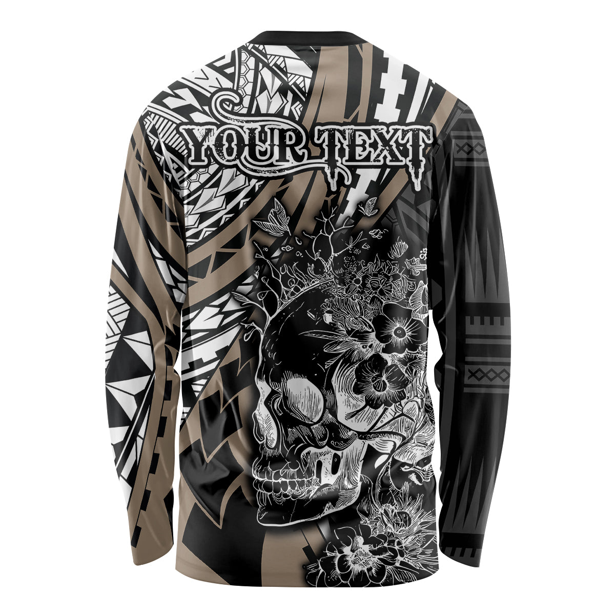 Personalised Polynesia Skull Long Sleeve Shirt Tattoo In The Style Of Maori With Marine Life Gold LT9 - Polynesian Pride