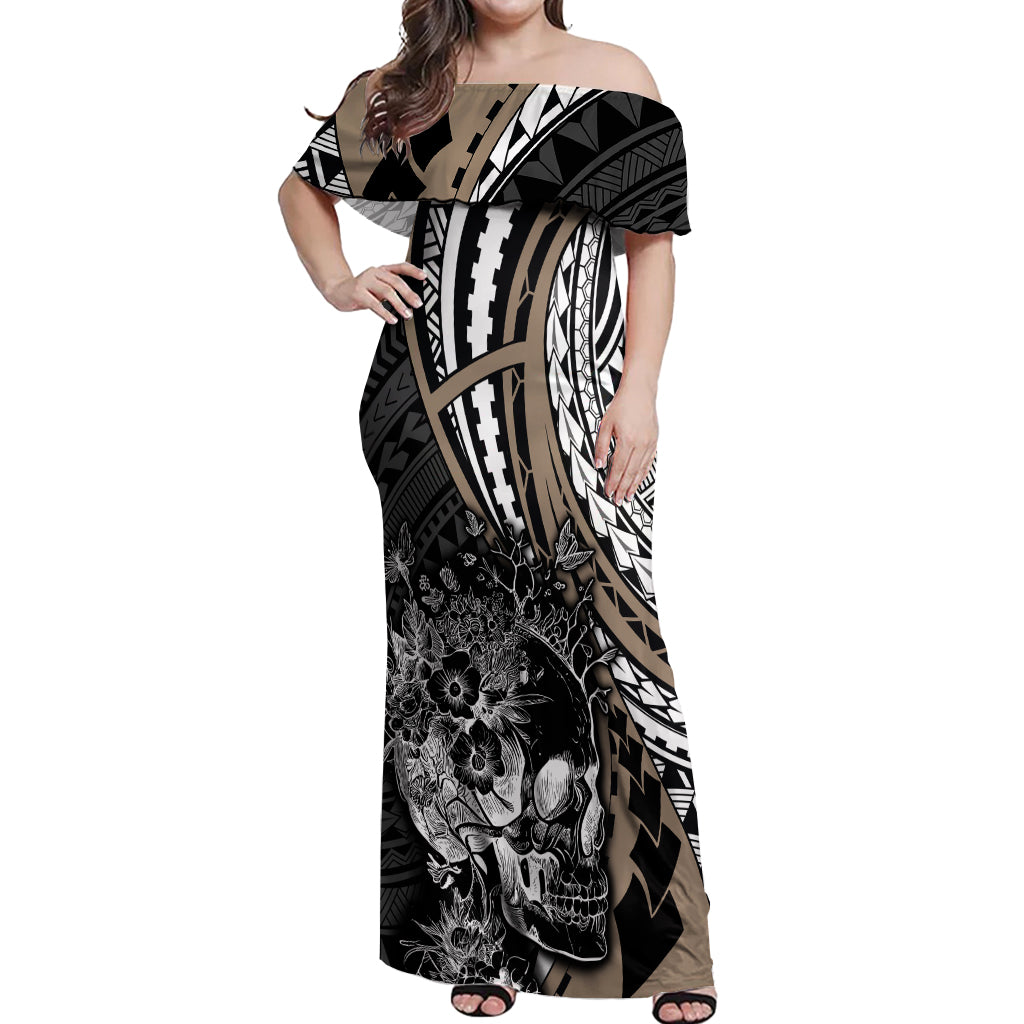 Personalised Polynesia Skull Off Shoulder Maxi Dress Tattoo In The Style Of Maori With Marine Life Gold LT9 Women Gold - Polynesian Pride
