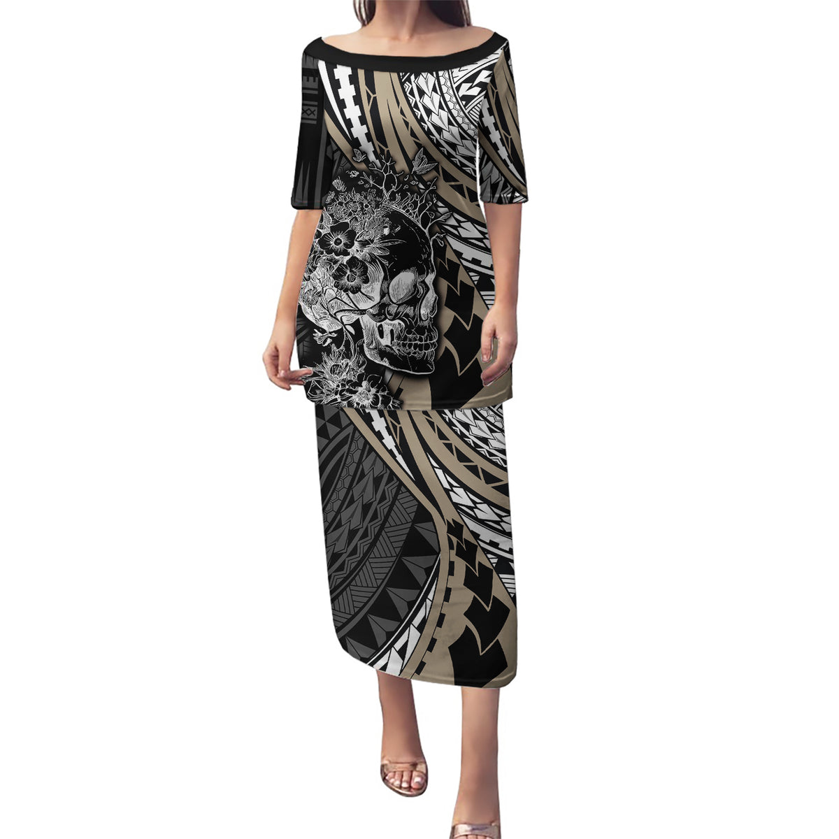 Personalised Polynesia Skull Puletasi Tattoo In The Style Of Maori With Marine Life Gold LT9 Long Dress Gold - Polynesian Pride