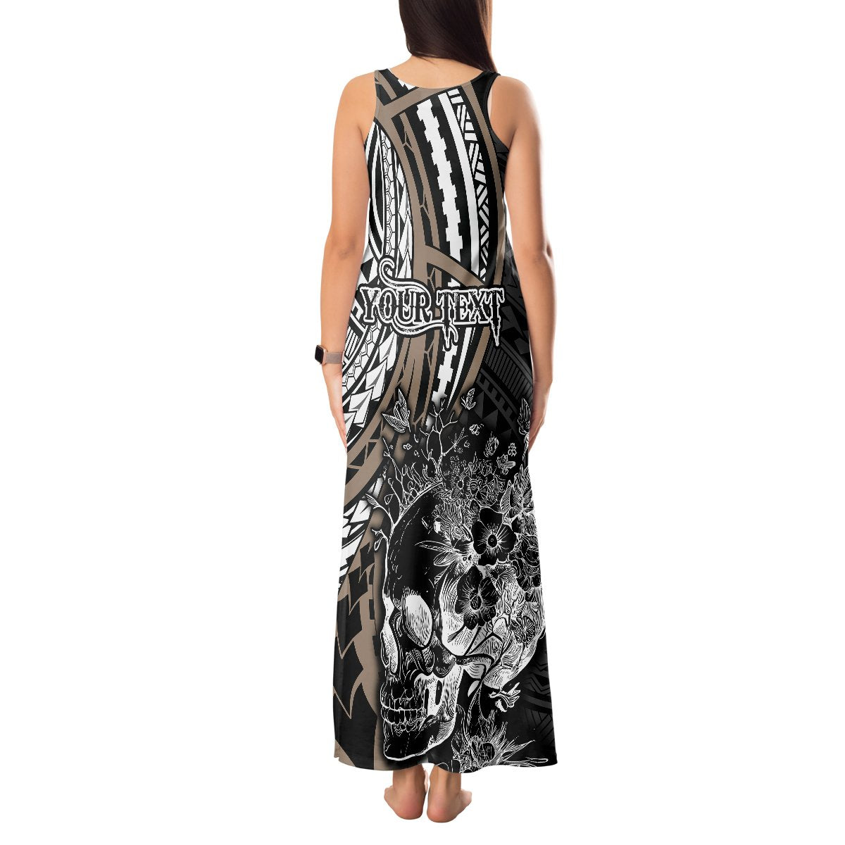 Personalised Polynesia Skull Tank Maxi Dress Tattoo In The Style Of Maori With Marine Life Gold LT9 - Polynesian Pride