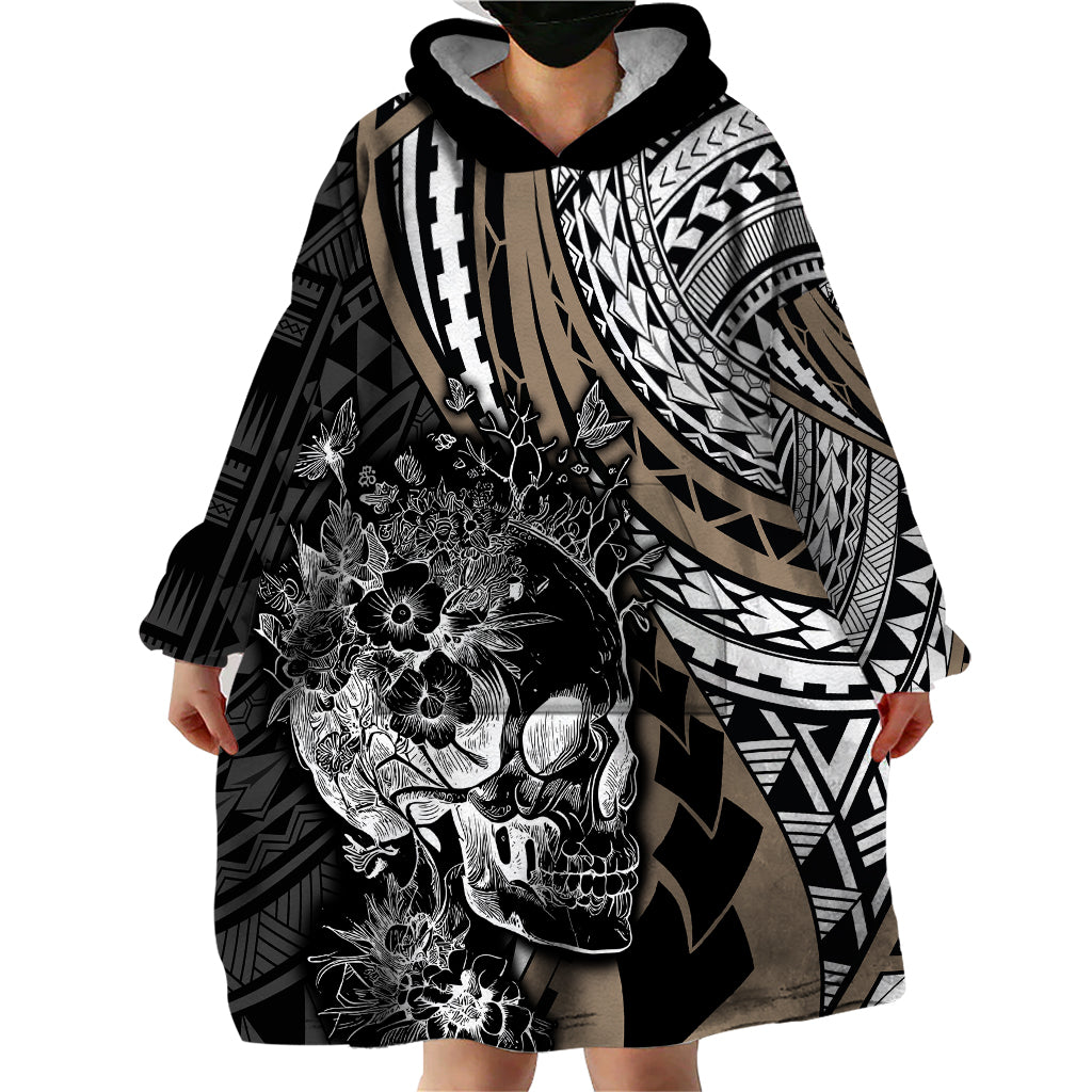 Personalised Polynesia Skull Wearable Blanket Hoodie Tattoo In The Style Of Maori With Marine Life Gold LT9 - Polynesian Pride