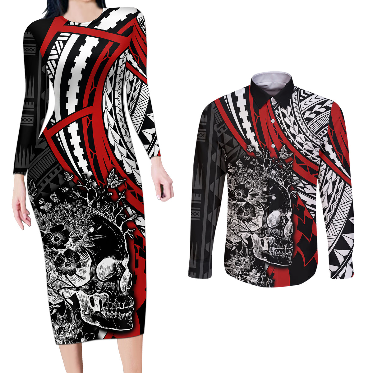Personalised Polynesia Skull Couples Matching Long Sleeve Bodycon Dress and Long Sleeve Button Shirts Tattoo In The Style Of Maori With Marine Life Red LT9 Red - Polynesian Pride