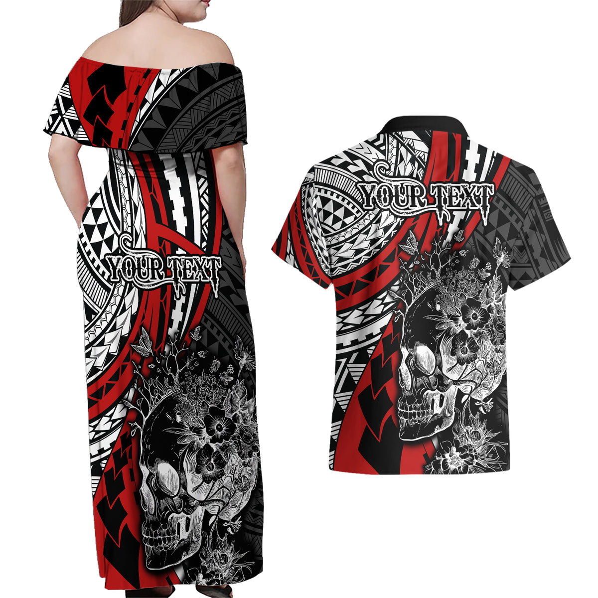 Personalised Polynesia Skull Couples Matching Off Shoulder Maxi Dress and Hawaiian Shirt Tattoo In The Style Of Maori With Marine Life Red LT9 - Polynesian Pride