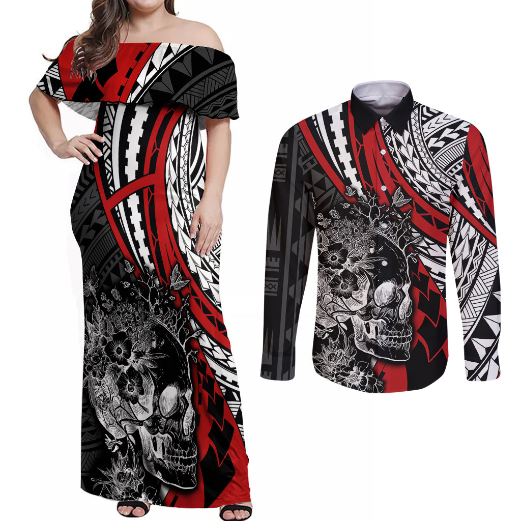 Personalised Polynesia Skull Couples Matching Off Shoulder Maxi Dress and Long Sleeve Button Shirts Tattoo In The Style Of Maori With Marine Life Red LT9 Red - Polynesian Pride