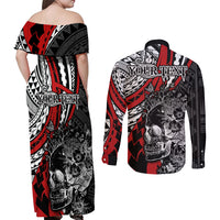 Personalised Polynesia Skull Couples Matching Off Shoulder Maxi Dress and Long Sleeve Button Shirts Tattoo In The Style Of Maori With Marine Life Red LT9 - Polynesian Pride