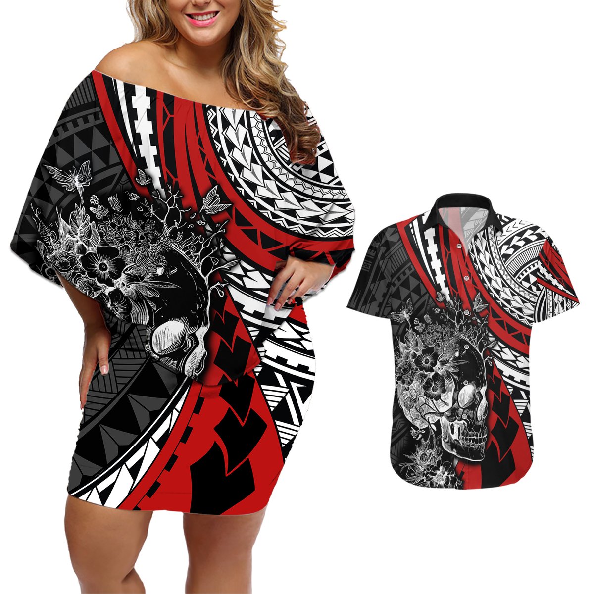 Personalised Polynesia Skull Couples Matching Off Shoulder Short Dress and Hawaiian Shirt Tattoo In The Style Of Maori With Marine Life Red LT9 Red - Polynesian Pride