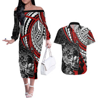 Personalised Polynesia Skull Couples Matching Off The Shoulder Long Sleeve Dress and Hawaiian Shirt Tattoo In The Style Of Maori With Marine Life Red LT9 Red - Polynesian Pride