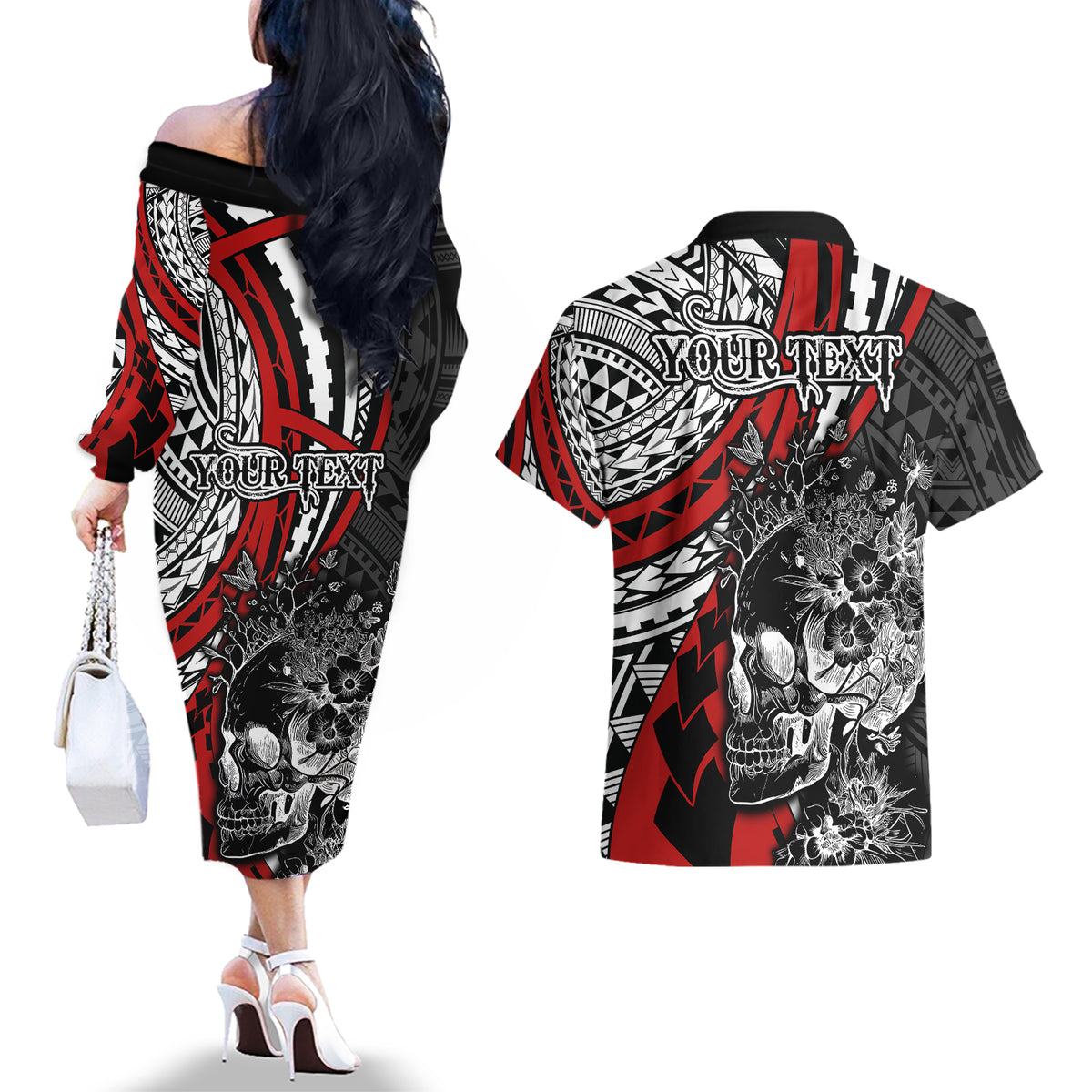 Personalised Polynesia Skull Couples Matching Off The Shoulder Long Sleeve Dress and Hawaiian Shirt Tattoo In The Style Of Maori With Marine Life Red LT9 - Polynesian Pride