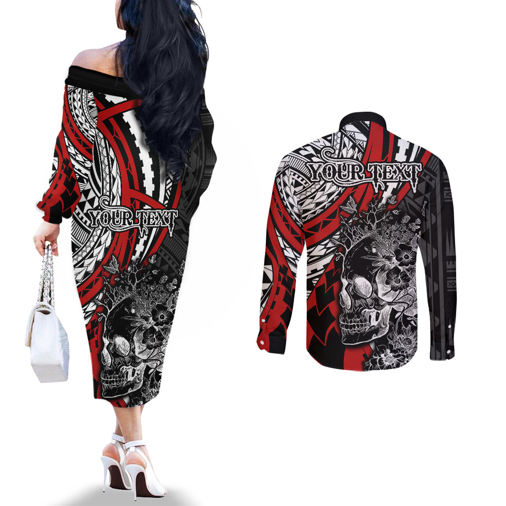 Personalised Polynesia Skull Couples Matching Off The Shoulder Long Sleeve Dress and Long Sleeve Button Shirts Tattoo In The Style Of Maori With Marine Life Red LT9 - Polynesian Pride