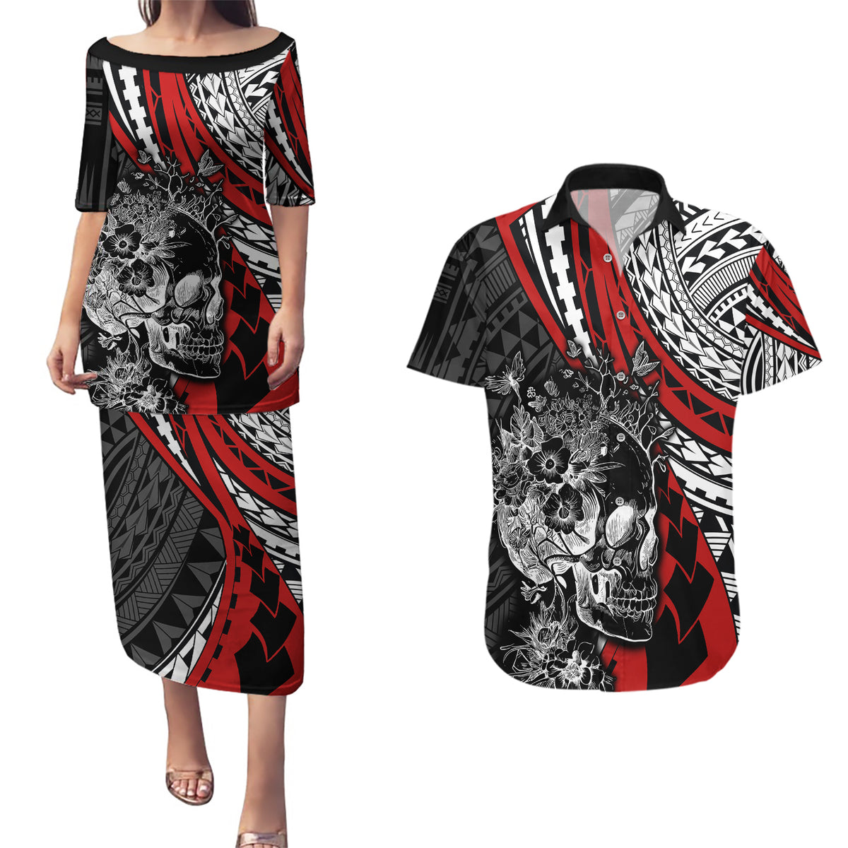 Personalised Polynesia Skull Couples Matching Puletasi Dress and Hawaiian Shirt Tattoo In The Style Of Maori With Marine Life Red LT9 Red - Polynesian Pride
