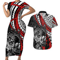 Personalised Polynesia Skull Couples Matching Short Sleeve Bodycon Dress and Hawaiian Shirt Tattoo In The Style Of Maori With Marine Life Red LT9 Red - Polynesian Pride