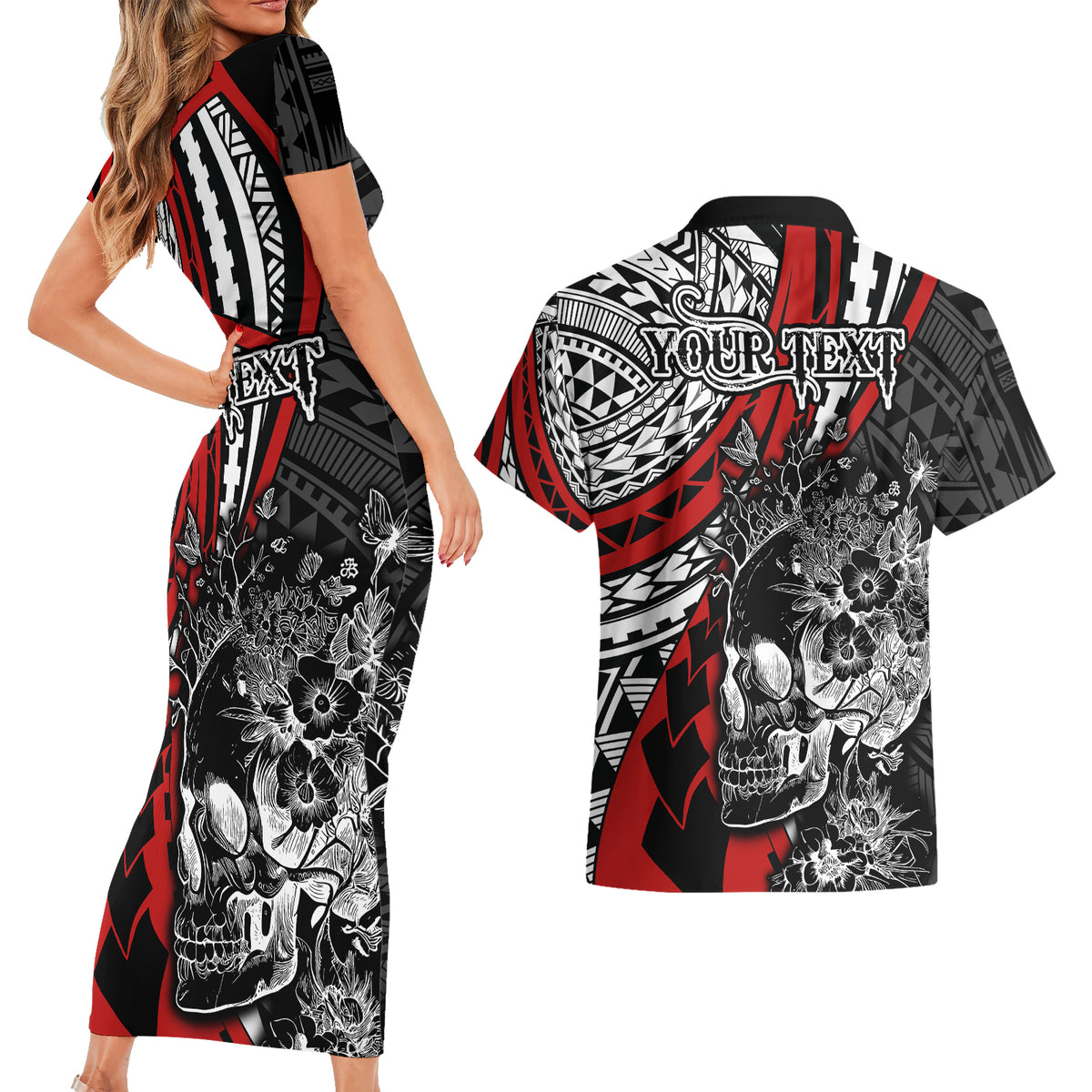 Personalised Polynesia Skull Couples Matching Short Sleeve Bodycon Dress and Hawaiian Shirt Tattoo In The Style Of Maori With Marine Life Red LT9 - Polynesian Pride