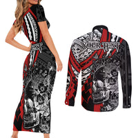 Personalised Polynesia Skull Couples Matching Short Sleeve Bodycon Dress and Long Sleeve Button Shirts Tattoo In The Style Of Maori With Marine Life Red LT9 - Polynesian Pride