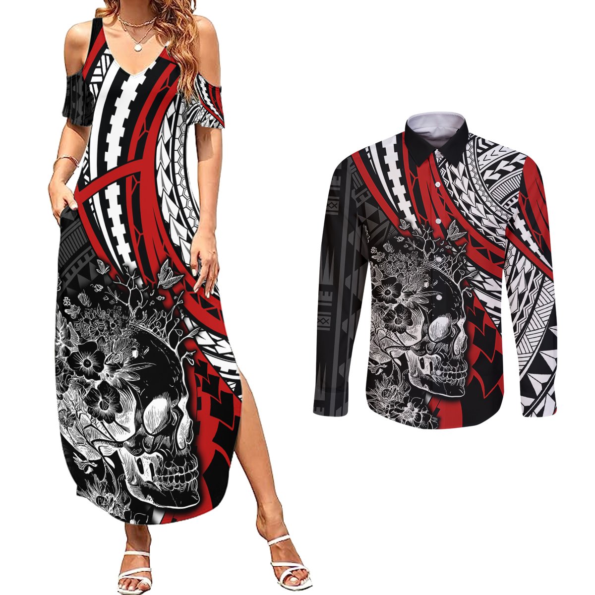 personalised-polynesia-skull-couples-matching-summer-maxi-dress-and-long-sleeve-button-shirts-tattoo-in-the-style-of-maori-with-marine-life-red