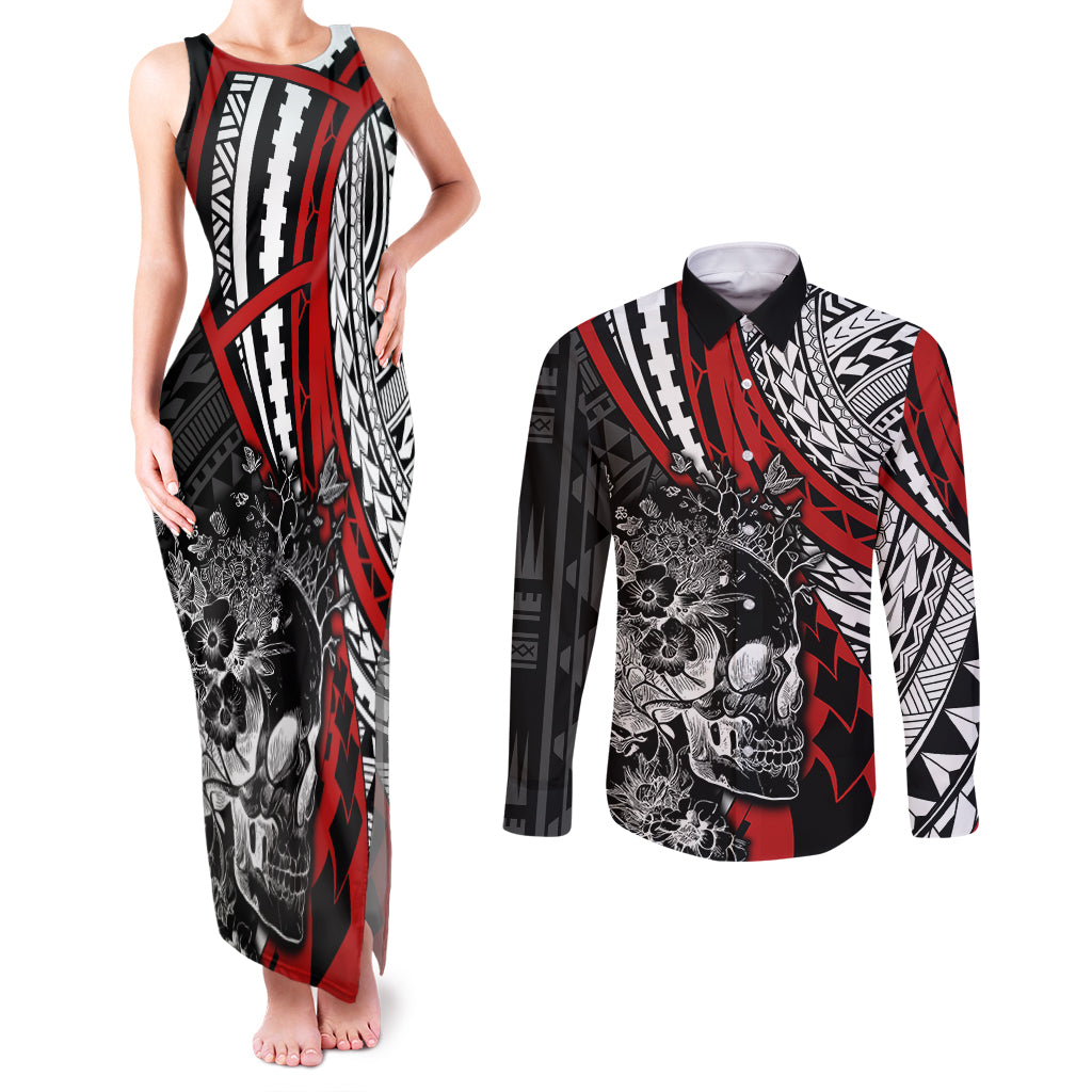 personalised-polynesia-skull-couples-matching-tank-maxi-dress-and-long-sleeve-button-shirts-tattoo-in-the-style-of-maori-with-marine-life-red