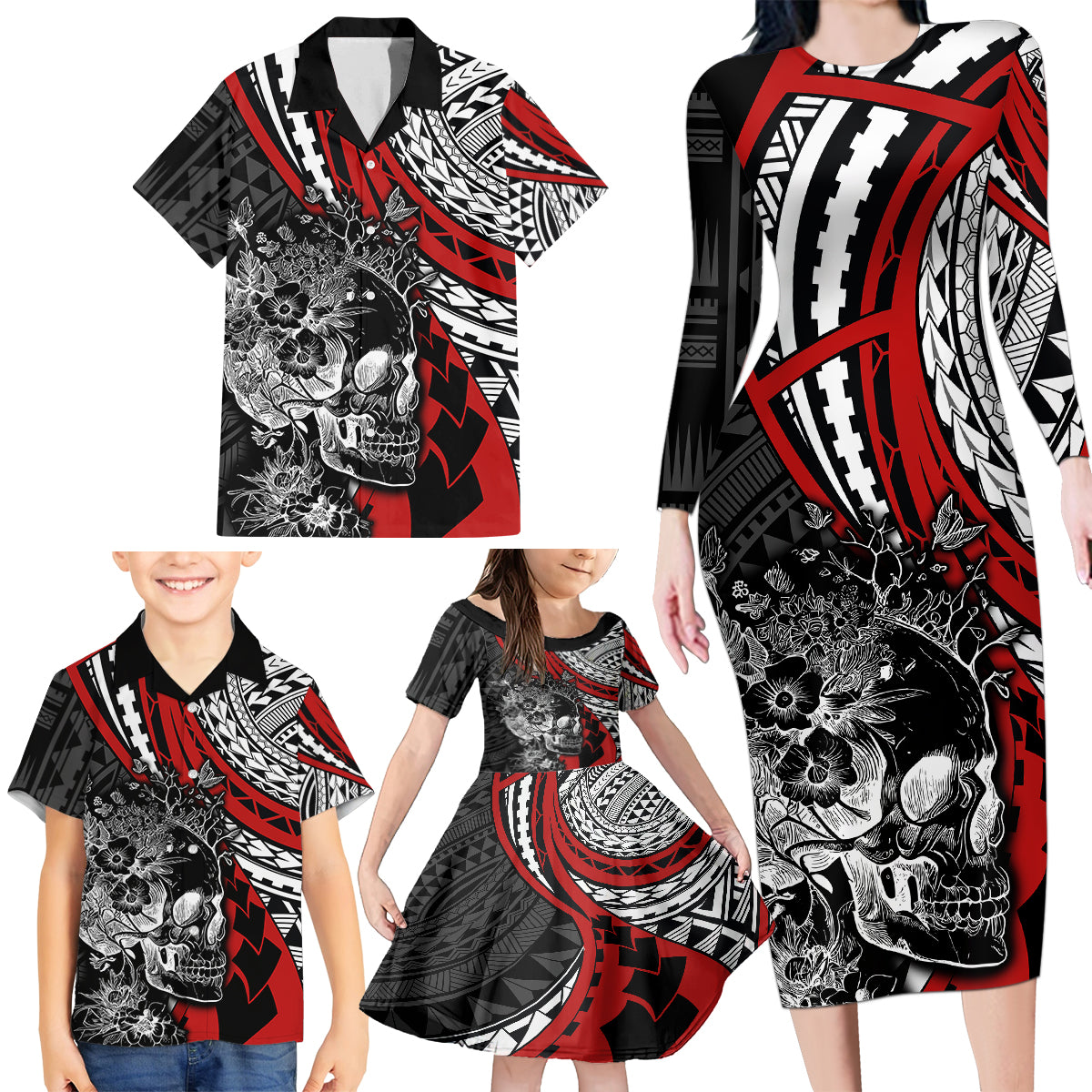Personalised Polynesia Skull Family Matching Long Sleeve Bodycon Dress and Hawaiian Shirt Tattoo In The Style Of Maori With Marine Life Red LT9 - Polynesian Pride