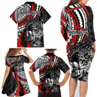 Personalised Polynesia Skull Family Matching Long Sleeve Bodycon Dress and Hawaiian Shirt Tattoo In The Style Of Maori With Marine Life Red LT9 - Polynesian Pride