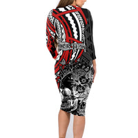 Personalised Polynesia Skull Family Matching Long Sleeve Bodycon Dress and Hawaiian Shirt Tattoo In The Style Of Maori With Marine Life Red LT9 - Polynesian Pride
