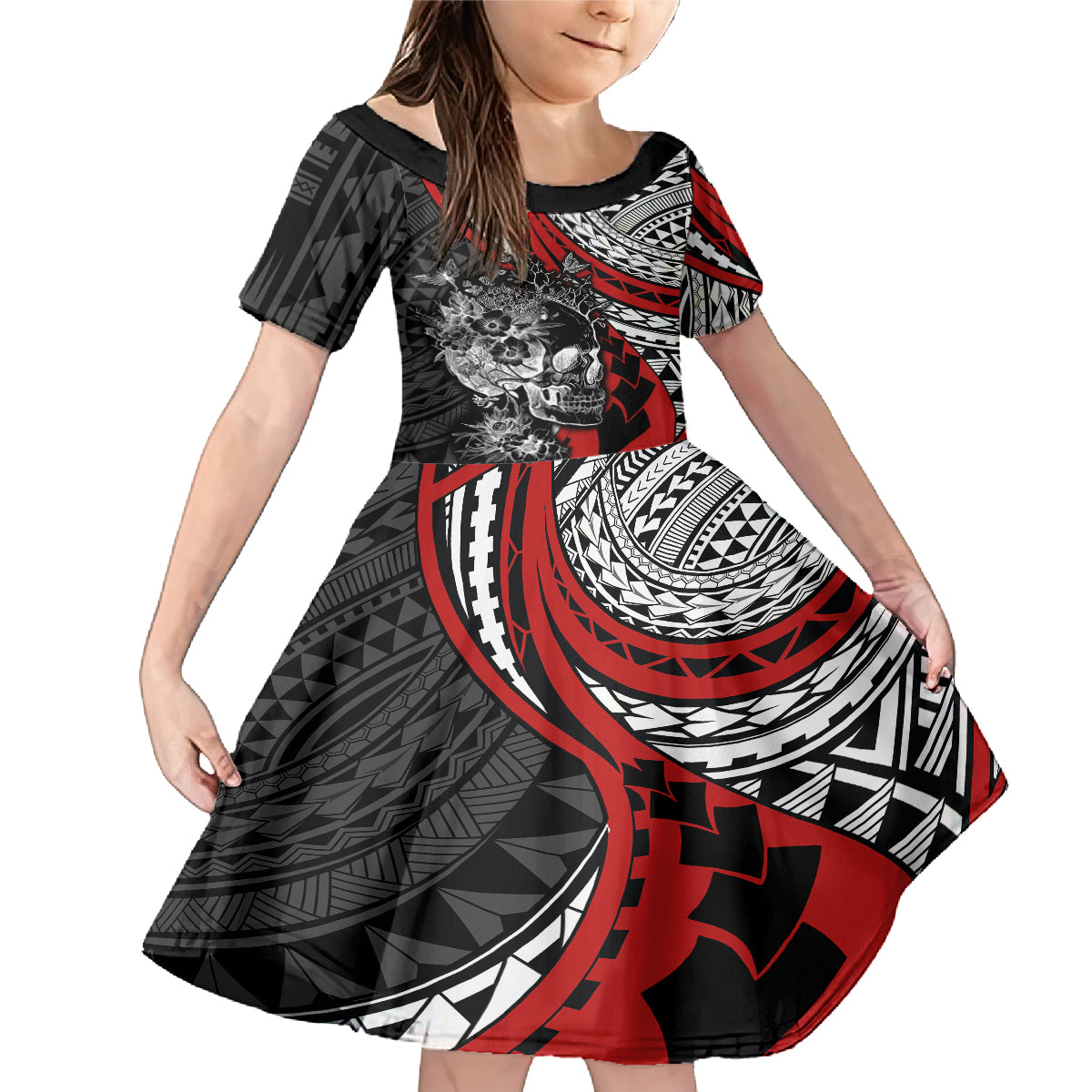 Personalised Polynesia Skull Family Matching Mermaid Dress and Hawaiian Shirt Tattoo In The Style Of Maori With Marine Life Red LT9 Daughter's Dress Red - Polynesian Pride