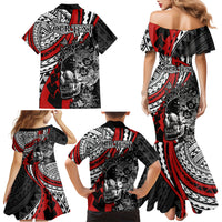 Personalised Polynesia Skull Family Matching Mermaid Dress and Hawaiian Shirt Tattoo In The Style Of Maori With Marine Life Red LT9 - Polynesian Pride