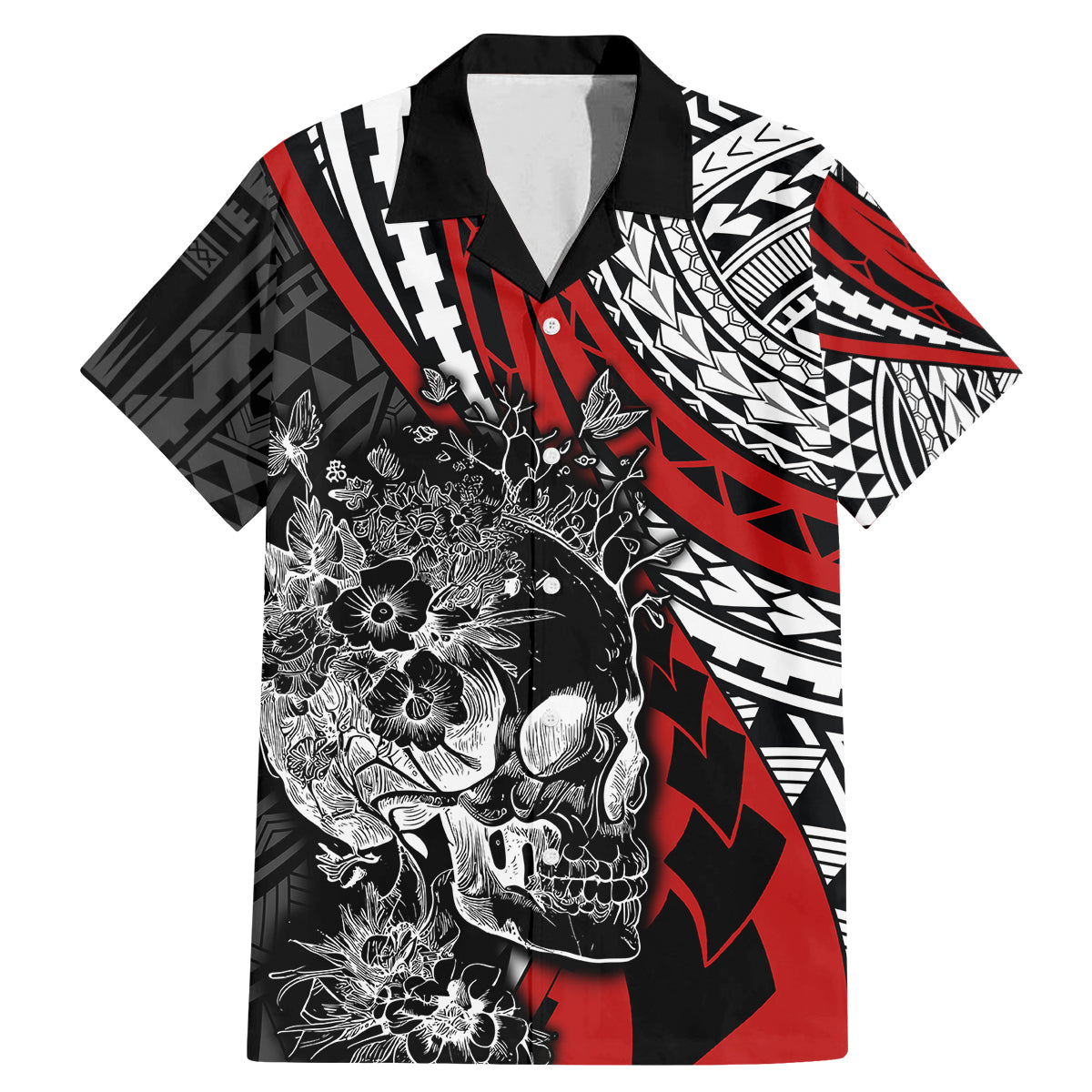 Personalised Polynesia Skull Family Matching Mermaid Dress and Hawaiian Shirt Tattoo In The Style Of Maori With Marine Life Red LT9 Dad's Shirt - Short Sleeve Red - Polynesian Pride