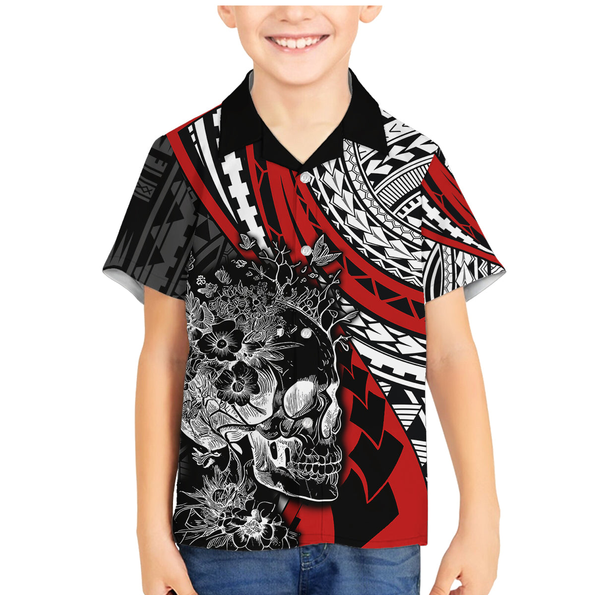 Personalised Polynesia Skull Family Matching Mermaid Dress and Hawaiian Shirt Tattoo In The Style Of Maori With Marine Life Red LT9 Son's Shirt Red - Polynesian Pride