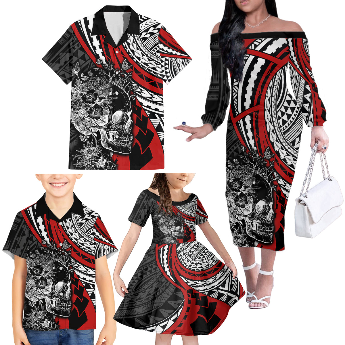 Personalised Polynesia Skull Family Matching Off Shoulder Long Sleeve Dress and Hawaiian Shirt Tattoo In The Style Of Maori With Marine Life Red LT9 - Polynesian Pride