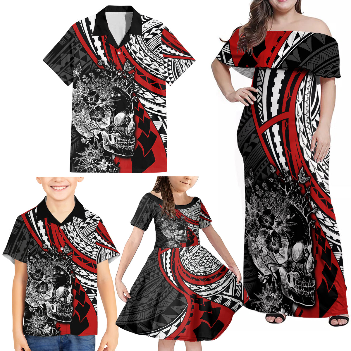 Personalised Polynesia Skull Family Matching Off Shoulder Maxi Dress and Hawaiian Shirt Tattoo In The Style Of Maori With Marine Life Red LT9 - Polynesian Pride