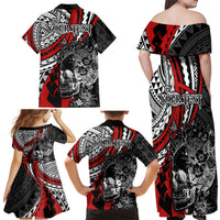Personalised Polynesia Skull Family Matching Off Shoulder Maxi Dress and Hawaiian Shirt Tattoo In The Style Of Maori With Marine Life Red LT9 - Polynesian Pride