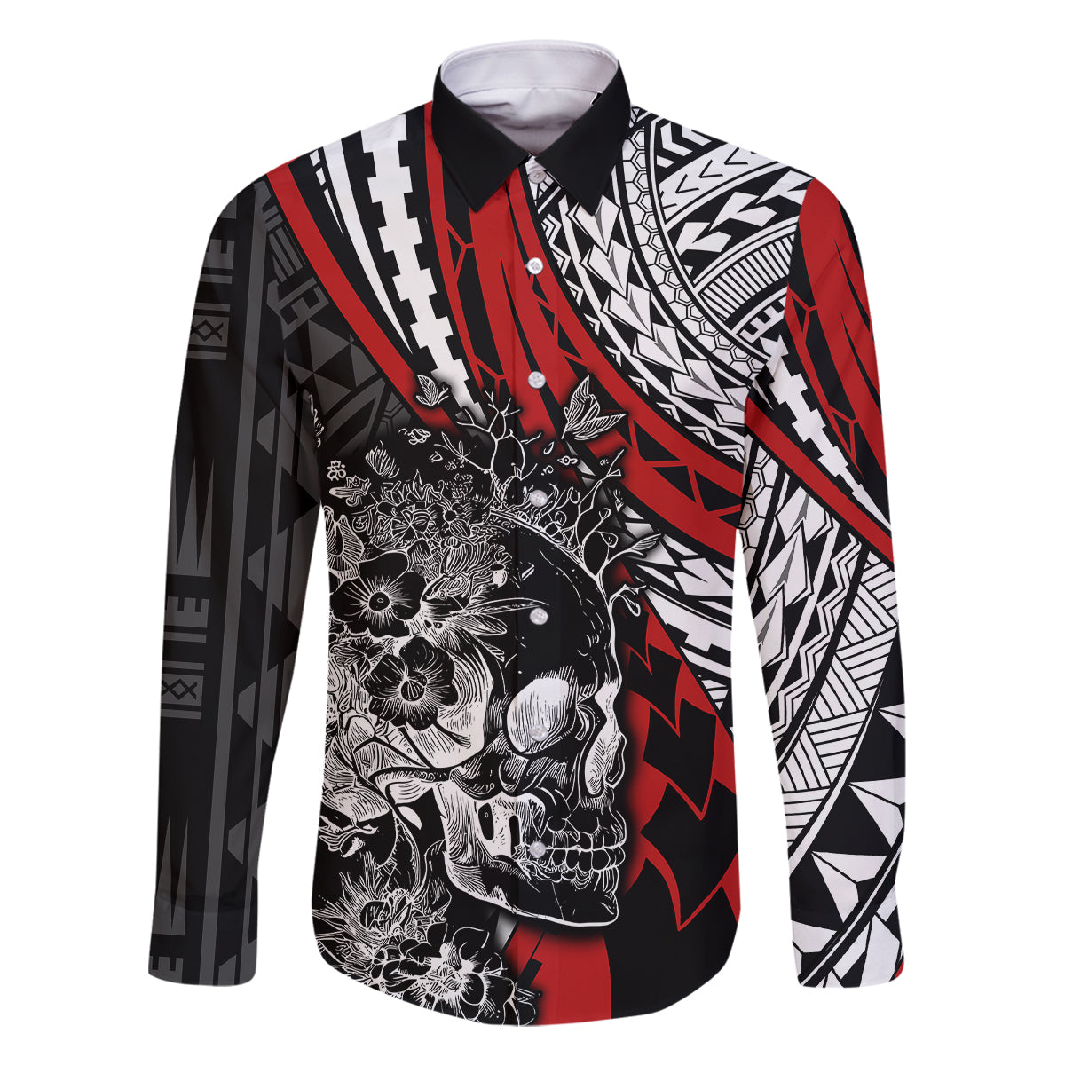 Personalised Polynesia Skull Family Matching Off Shoulder Maxi Dress and Hawaiian Shirt Tattoo In The Style Of Maori With Marine Life Red LT9 Dad's Shirt - Long Sleeve Red - Polynesian Pride