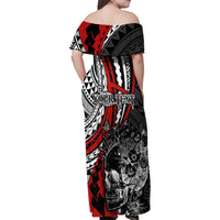 Personalised Polynesia Skull Family Matching Off Shoulder Maxi Dress and Hawaiian Shirt Tattoo In The Style Of Maori With Marine Life Red LT9 - Polynesian Pride