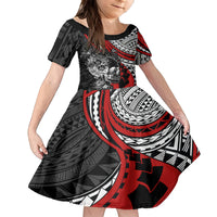 Personalised Polynesia Skull Family Matching Off Shoulder Short Dress and Hawaiian Shirt Tattoo In The Style Of Maori With Marine Life Red LT9 Daughter's Dress Red - Polynesian Pride