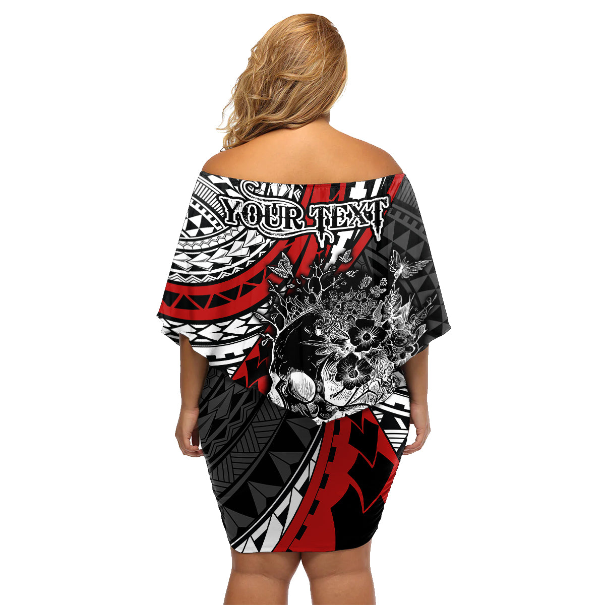 Personalised Polynesia Skull Family Matching Off Shoulder Short Dress and Hawaiian Shirt Tattoo In The Style Of Maori With Marine Life Red LT9 - Polynesian Pride