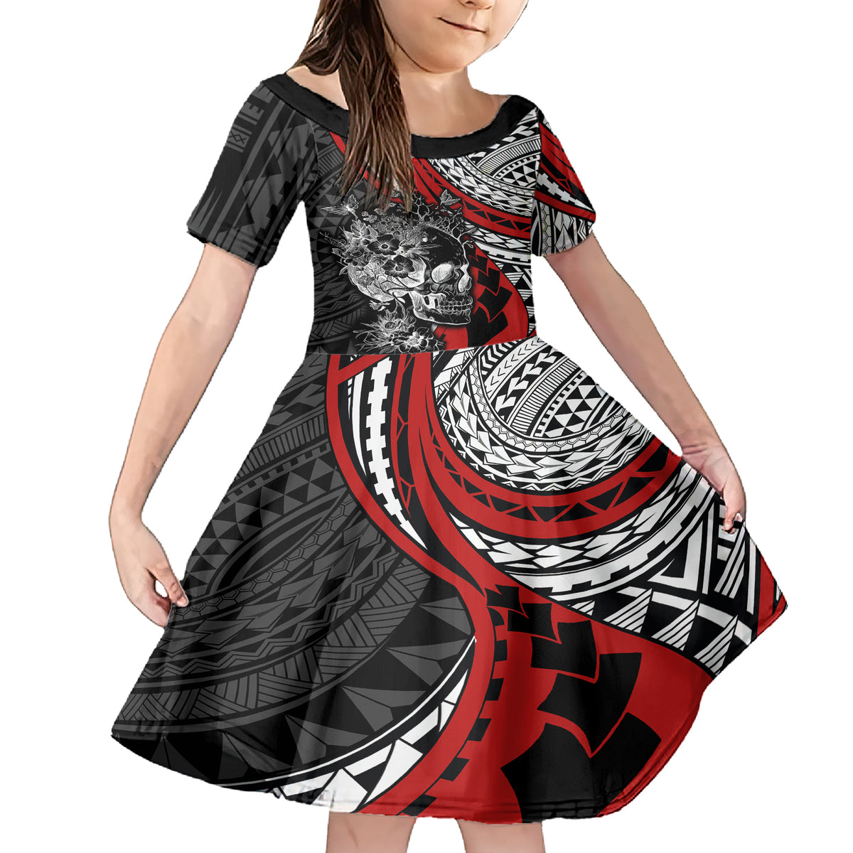 Personalised Polynesia Skull Family Matching Short Sleeve Bodycon Dress and Hawaiian Shirt Tattoo In The Style Of Maori With Marine Life Red LT9 Daughter's Dress Red - Polynesian Pride